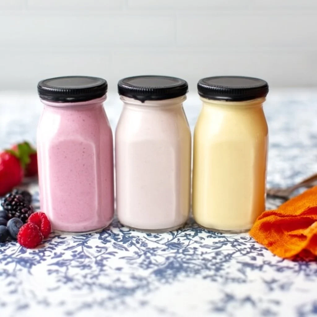 A glass of homemade drinkable yogurt with fruit and granola on top