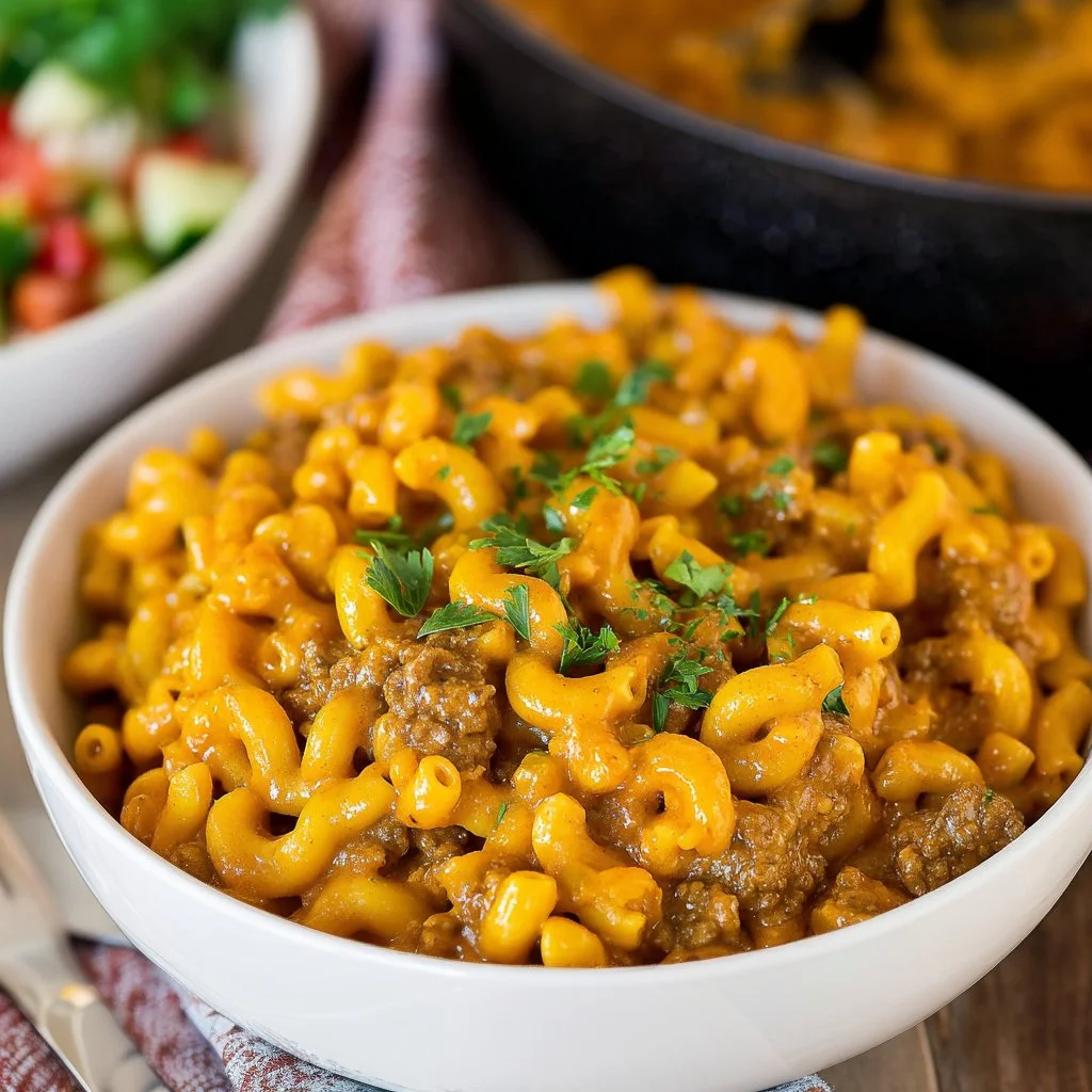 Bowl of homemade Hamburger Helper with ground beef and pasta