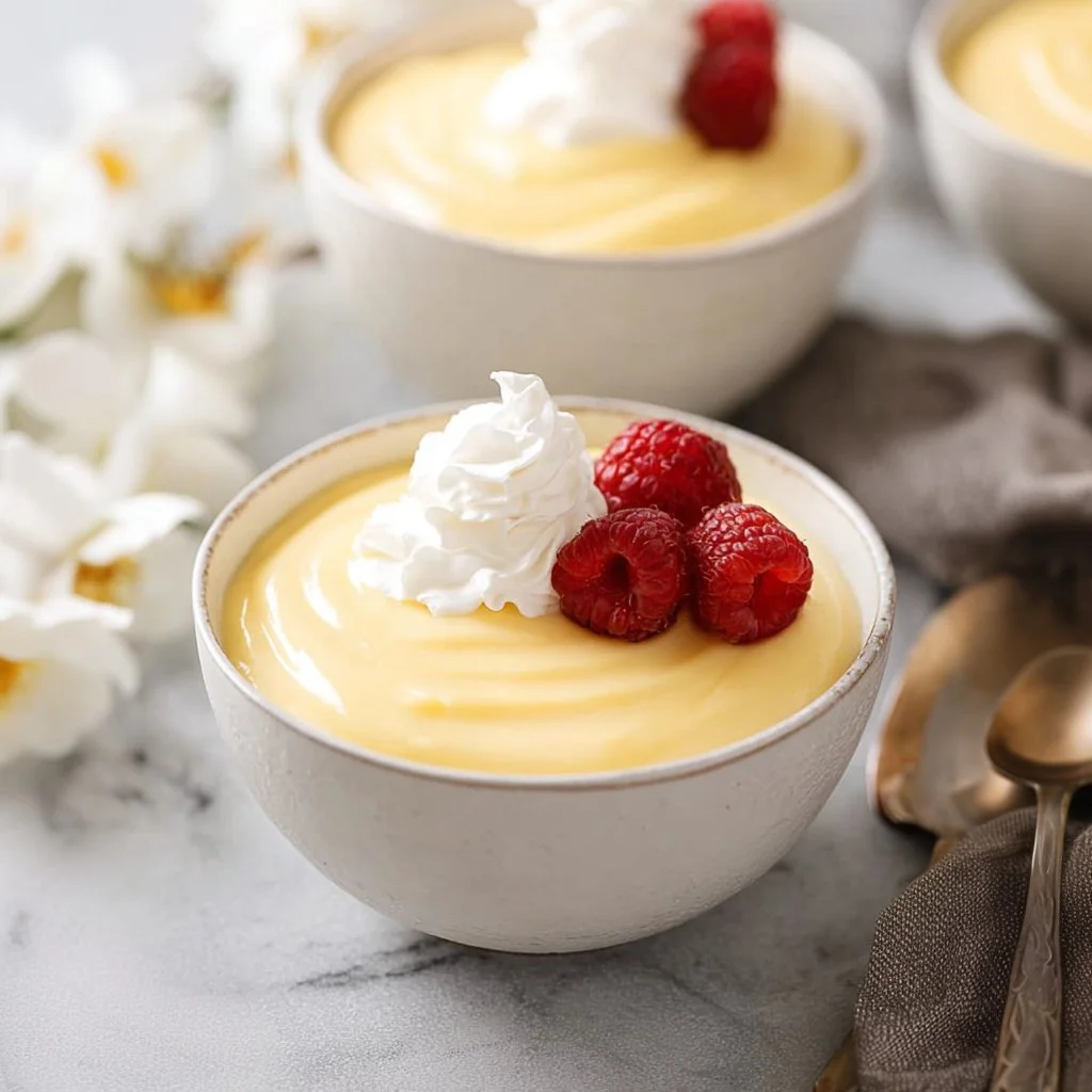 Bowl of creamy homemade vanilla pudding topped with whipped cream