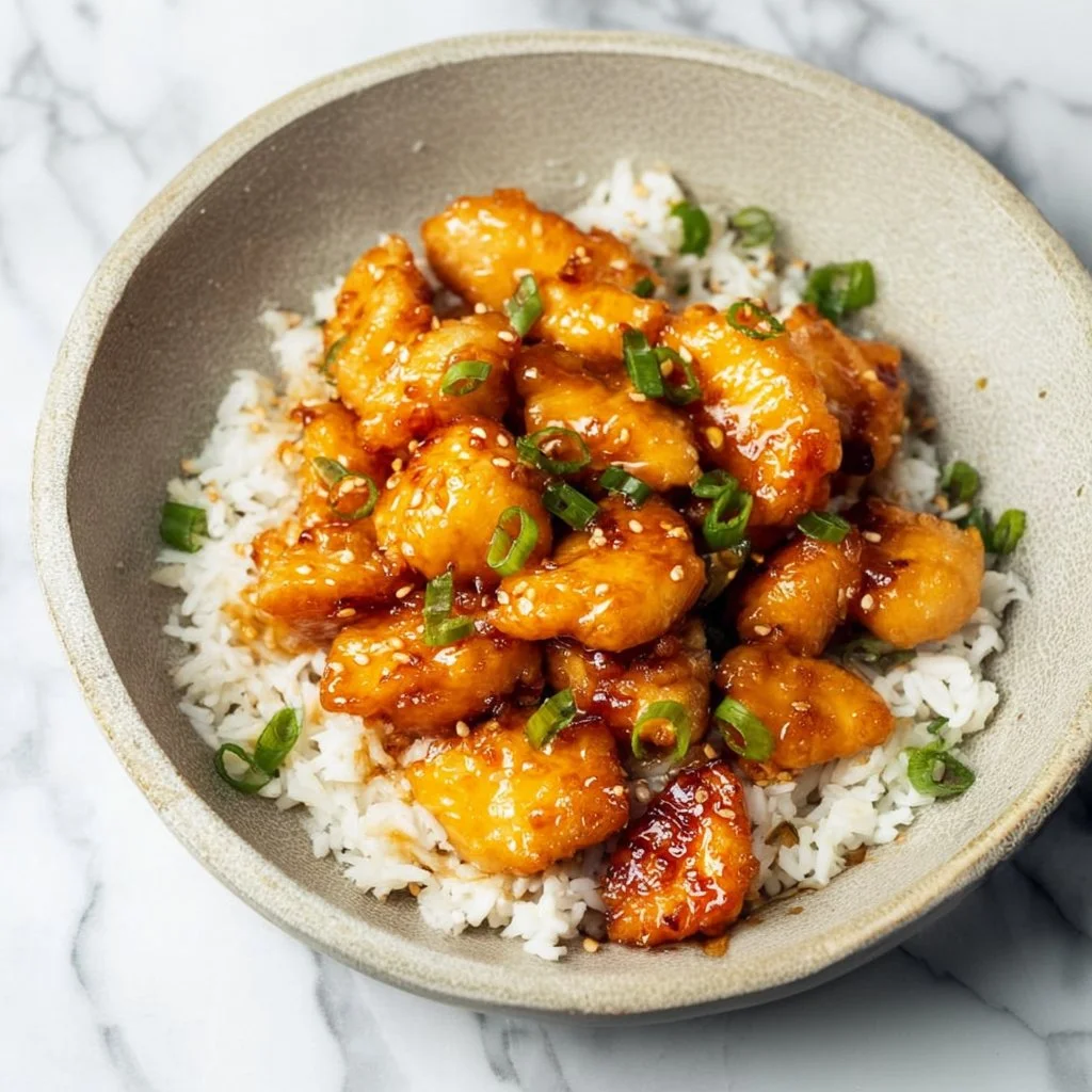 Delicious honey chicken drizzled with glaze, garnished with green onions.