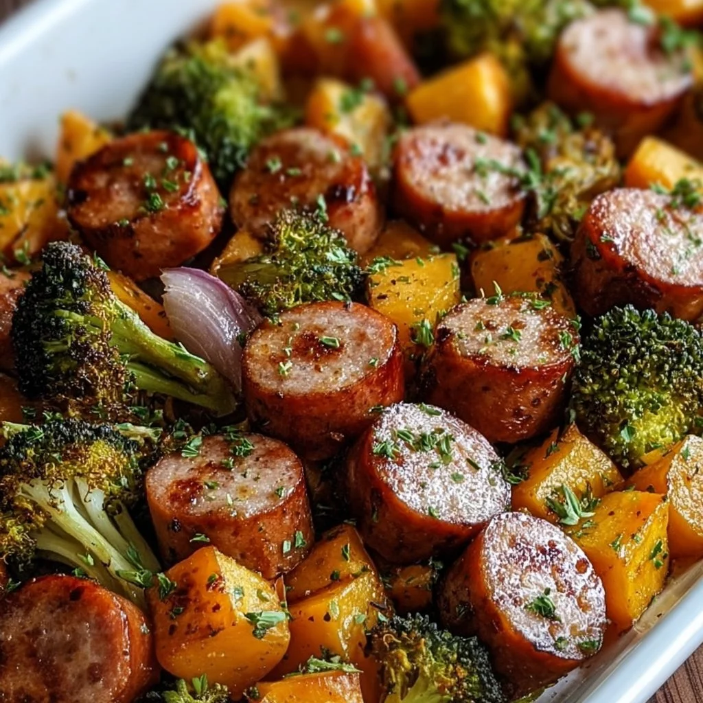Honey Garlic Sausage cooked on a sheet pan with vegetables