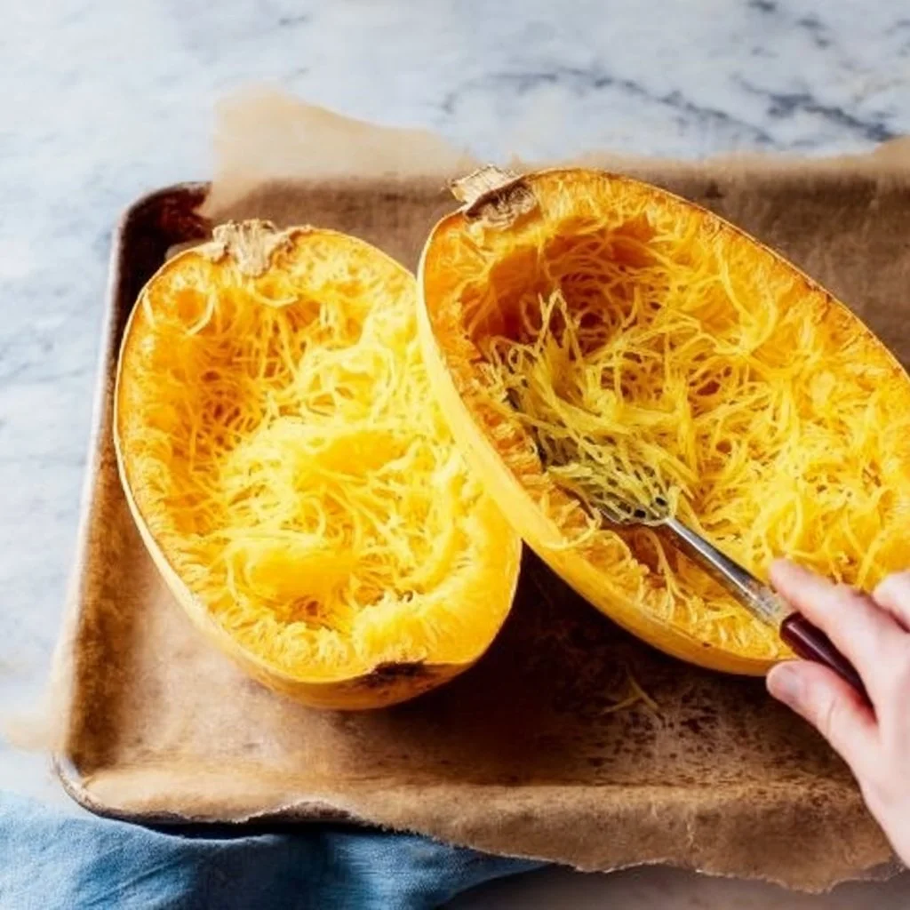 Roasted spaghetti squash served in a bowl with herbs and spices