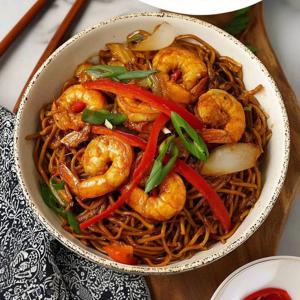 Delicious King Prawn Chow Mein with fresh vegetables and prawns stir-fried to perfection.