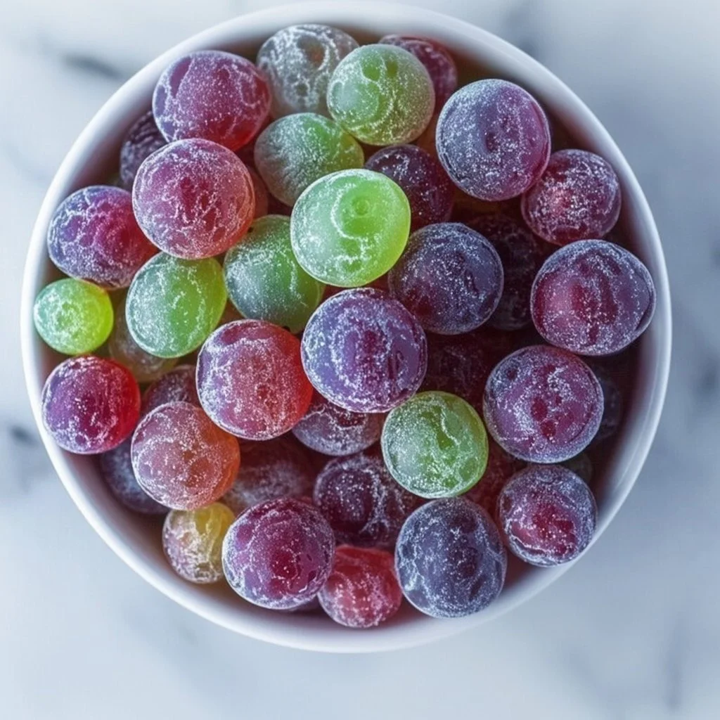 Colorful Kool Aid Grapes in a bowl, a fun and tasty snack.