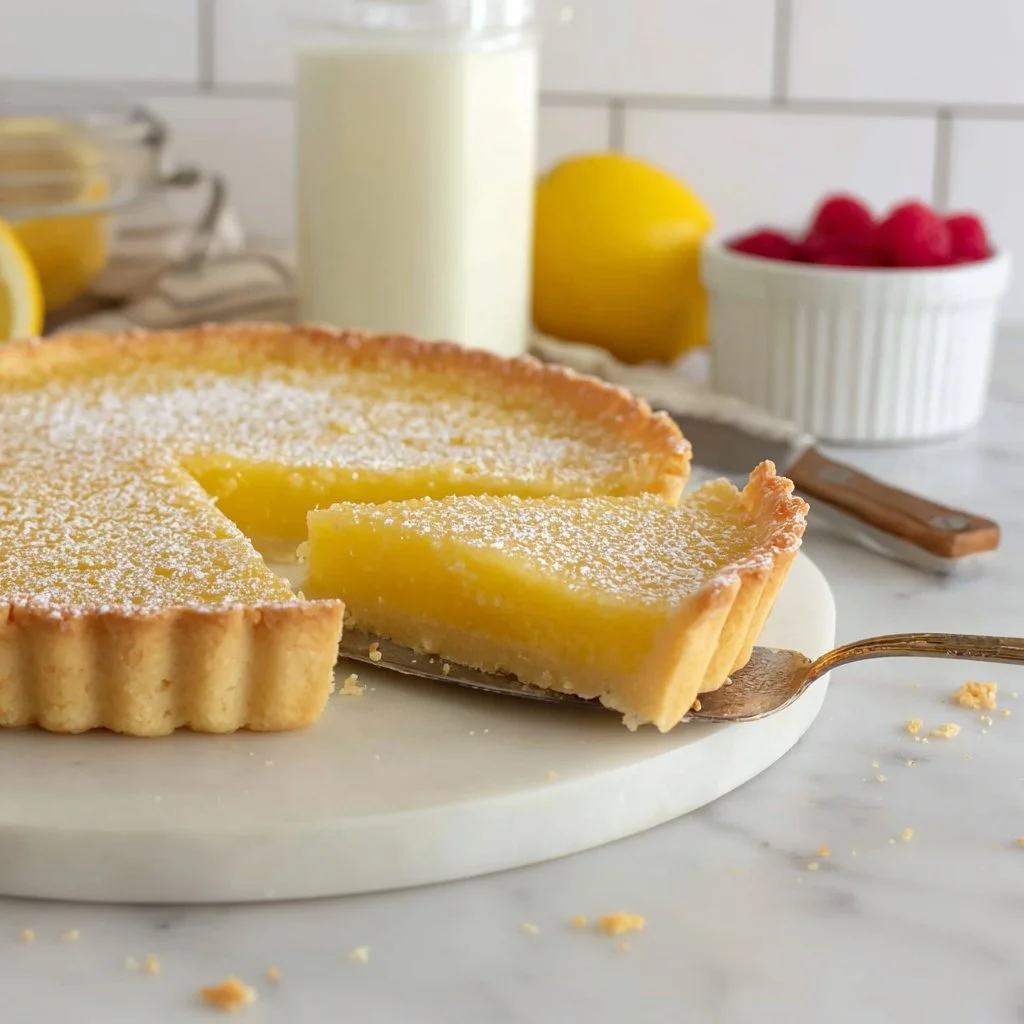 Delicious lemon tart topped with cream and lemon zest