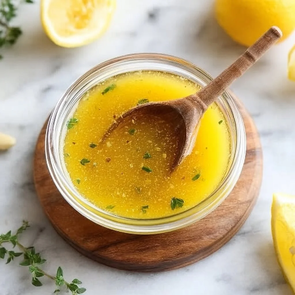 Bowl of homemade Lemon Vinaigrette dressing with herbs and lemon slices