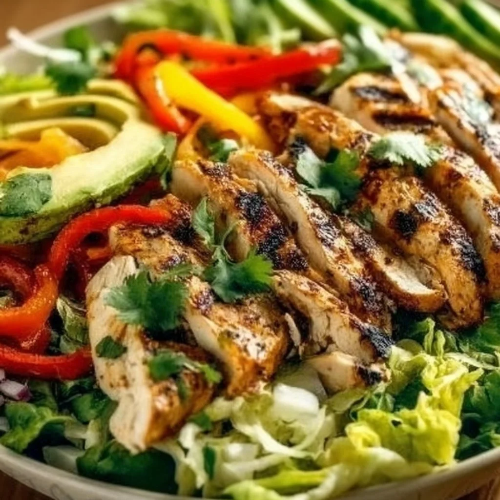 Loaded grilled chicken fajita salad with fresh vegetables and colorful toppings