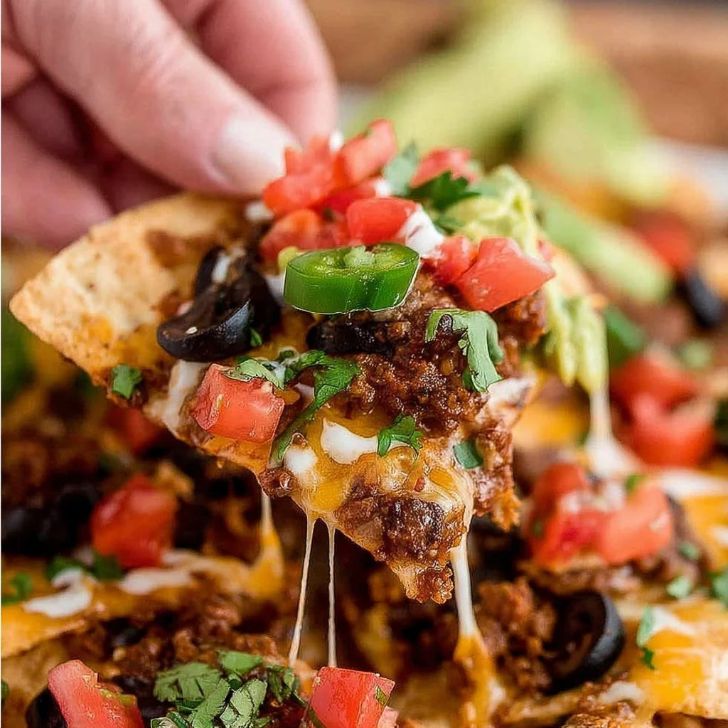 Delicious loaded nachos topped with cheese, jalapeños, and sour cream on a plate.