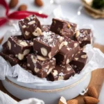Delicious homemade macadamia nut fudge garnished with nuts on a wooden table