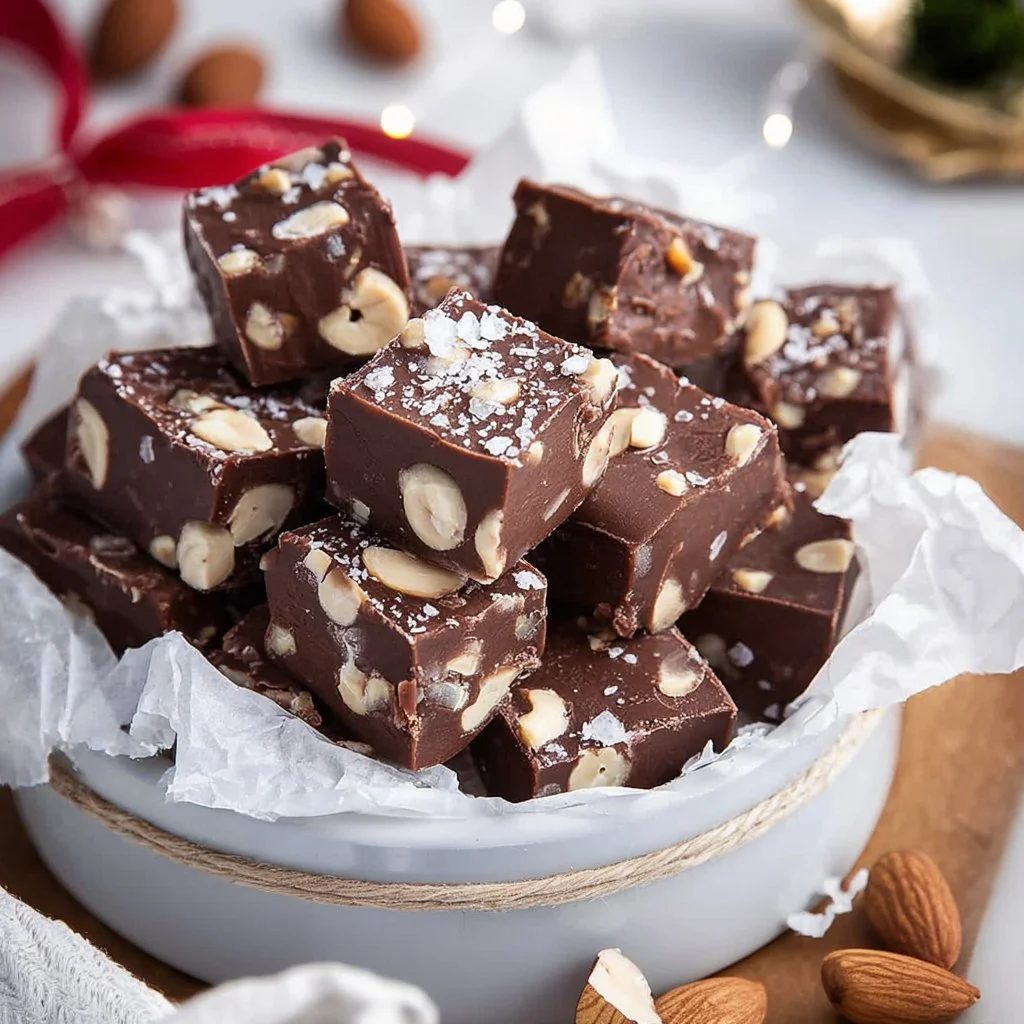 Delicious homemade macadamia nut fudge garnished with nuts on a wooden table