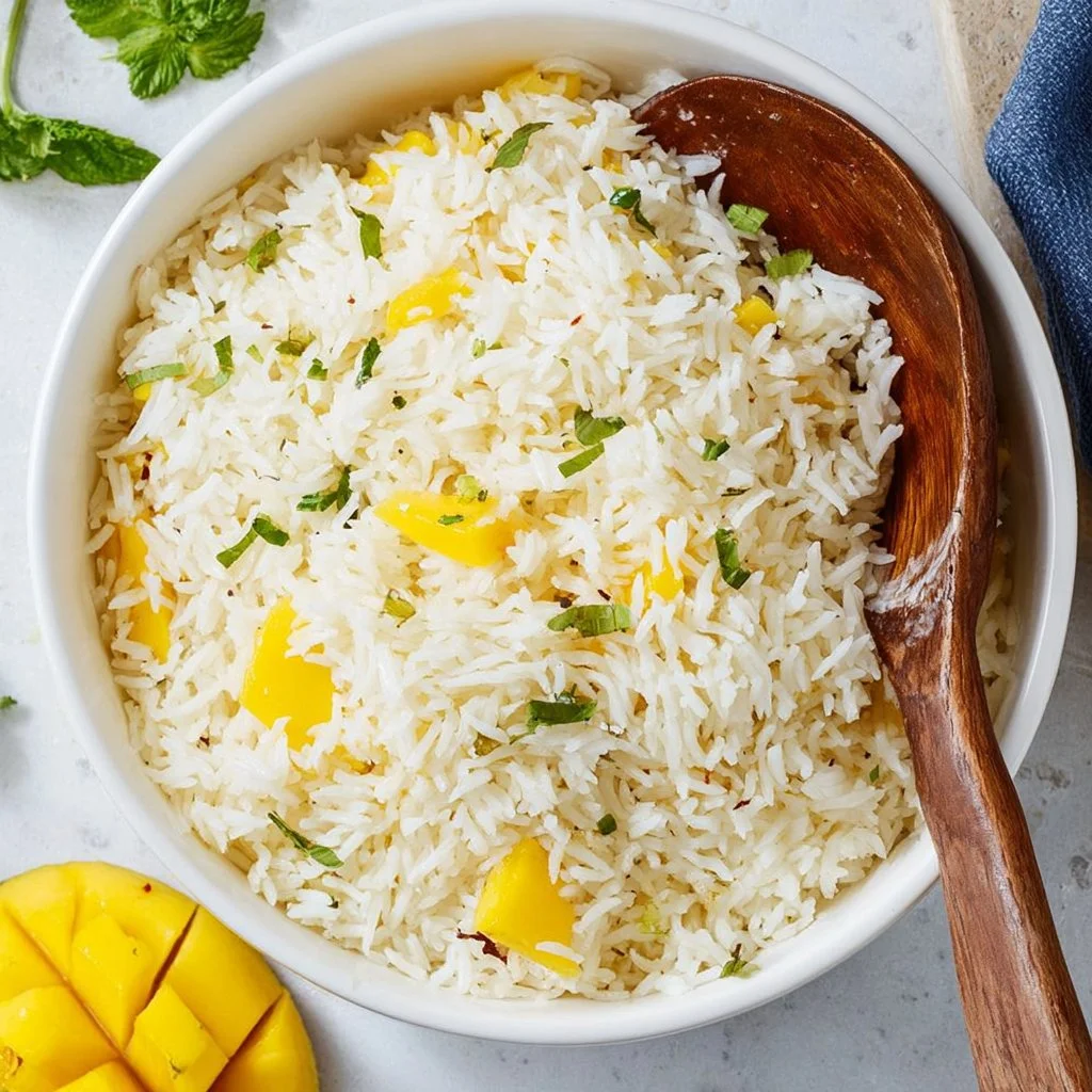 Delicious plate of Mango Coconut Rice garnished with fresh mango slices and coconut flakes.