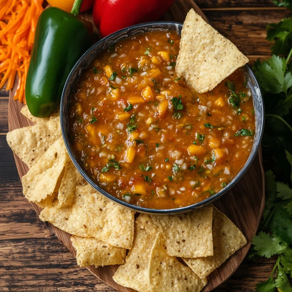 Mango Habanero Salsa served in a bowl with tortilla chips