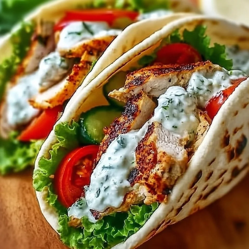 Mediterranean chicken gyros with fresh veggies and flavorful sauces