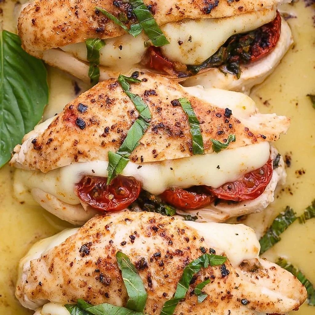 Mozzarella stuffed chicken served with tomatoes and basil on a plate