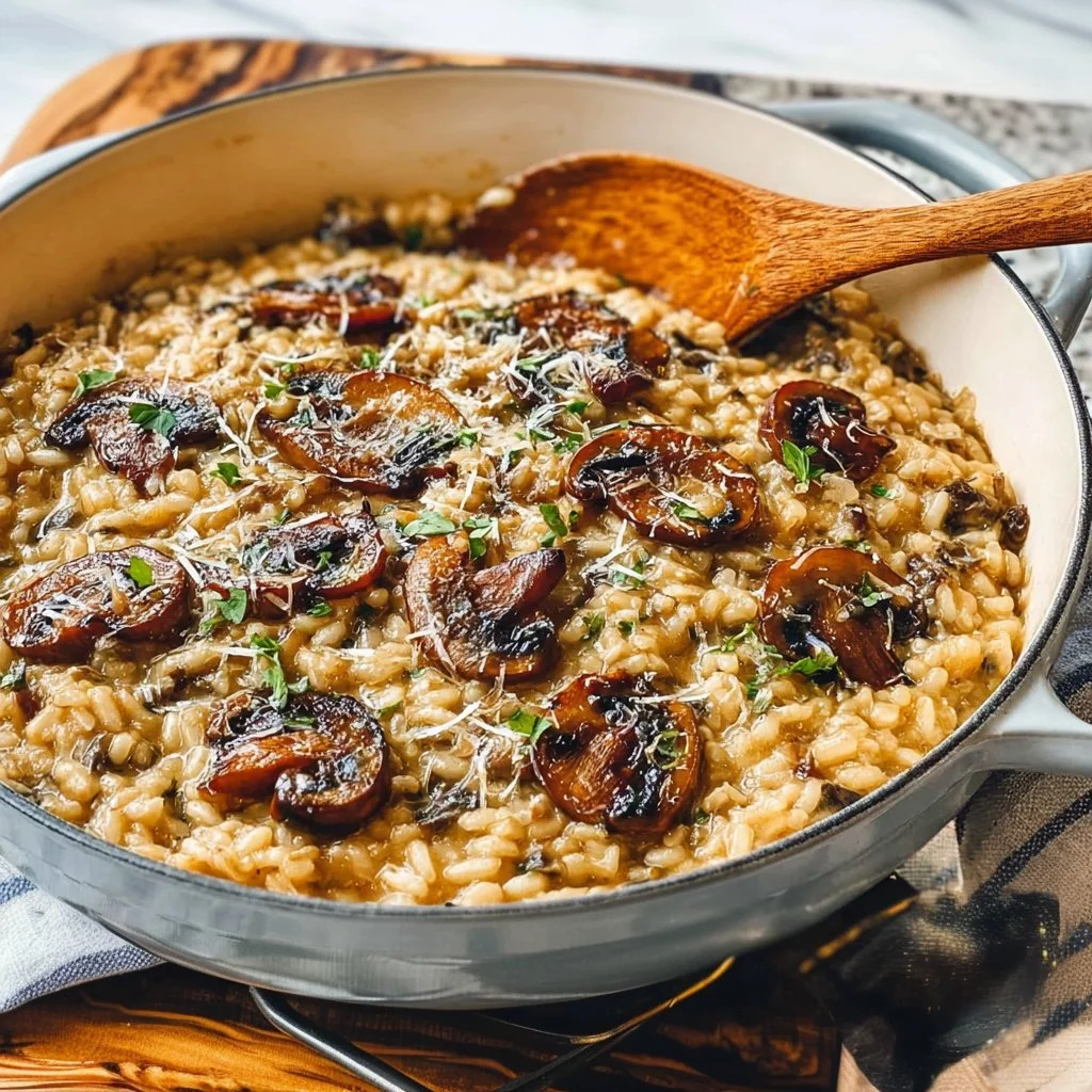 A bowl of creamy Mushroom Risotto garnished with fresh herbs and Parmesan cheese.