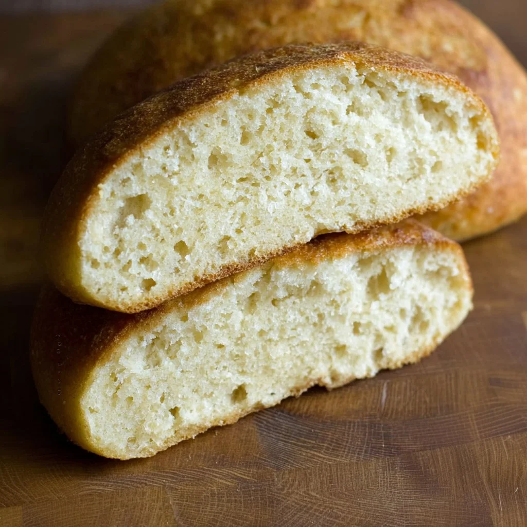 Freshly baked no-knead peasant bread loaf on a wooden cutting board
