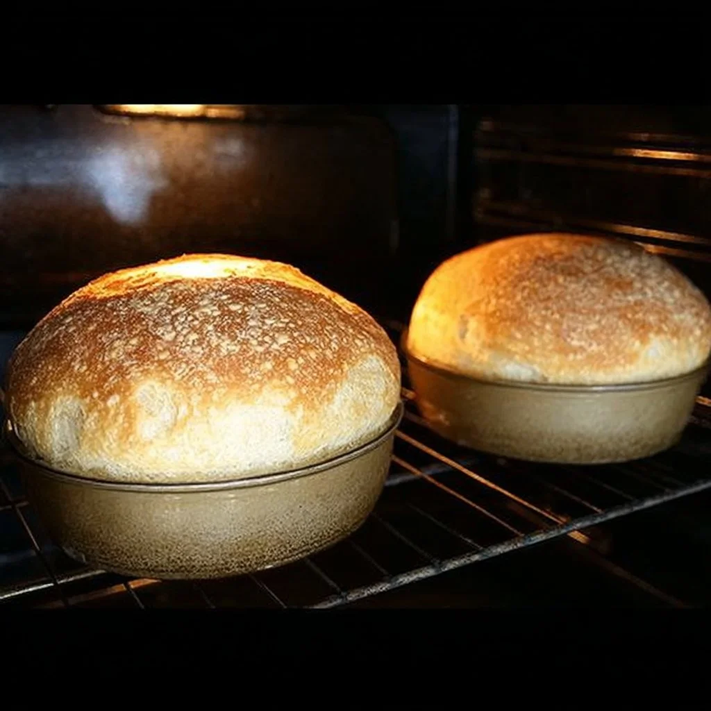 No-knead peasant bread loaf fresh out of the oven