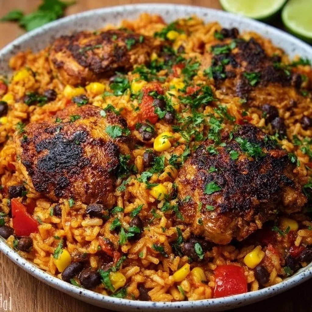 One-Pot Mexican Chicken & Rice Skillet with colorful vegetables