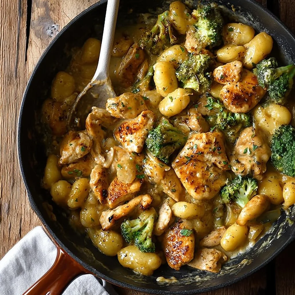 One-Skillet Chicken and Gnocchi dish with fresh ingredients and herbs