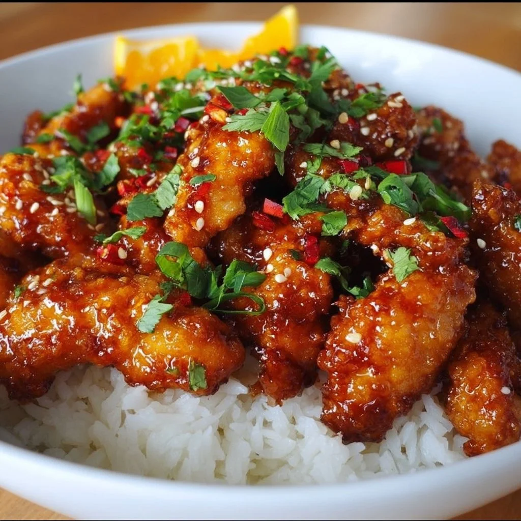 Delicious homemade orange chicken served with rice and vegetables