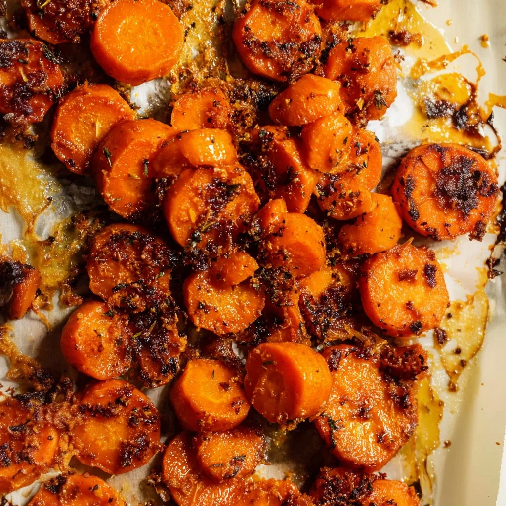 Plate of Parmesan Crusted Carrots garnished with herbs.