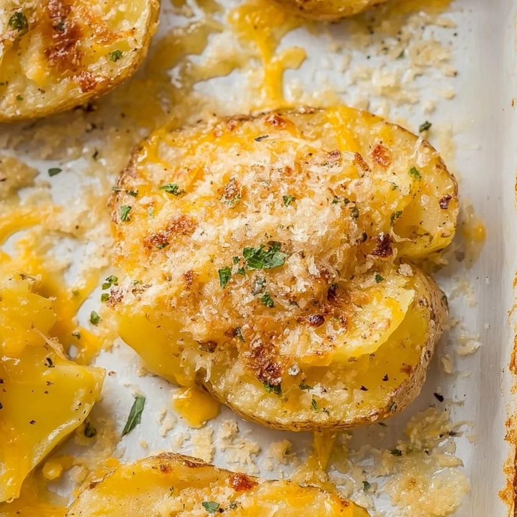 Deliciously creamy Parmesan Smashed Potatoes served on a wooden table.