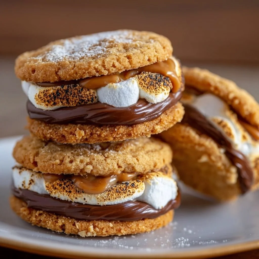 Delicious peanut butter s'mores sandwich cookies with chocolate and marshmallow filling