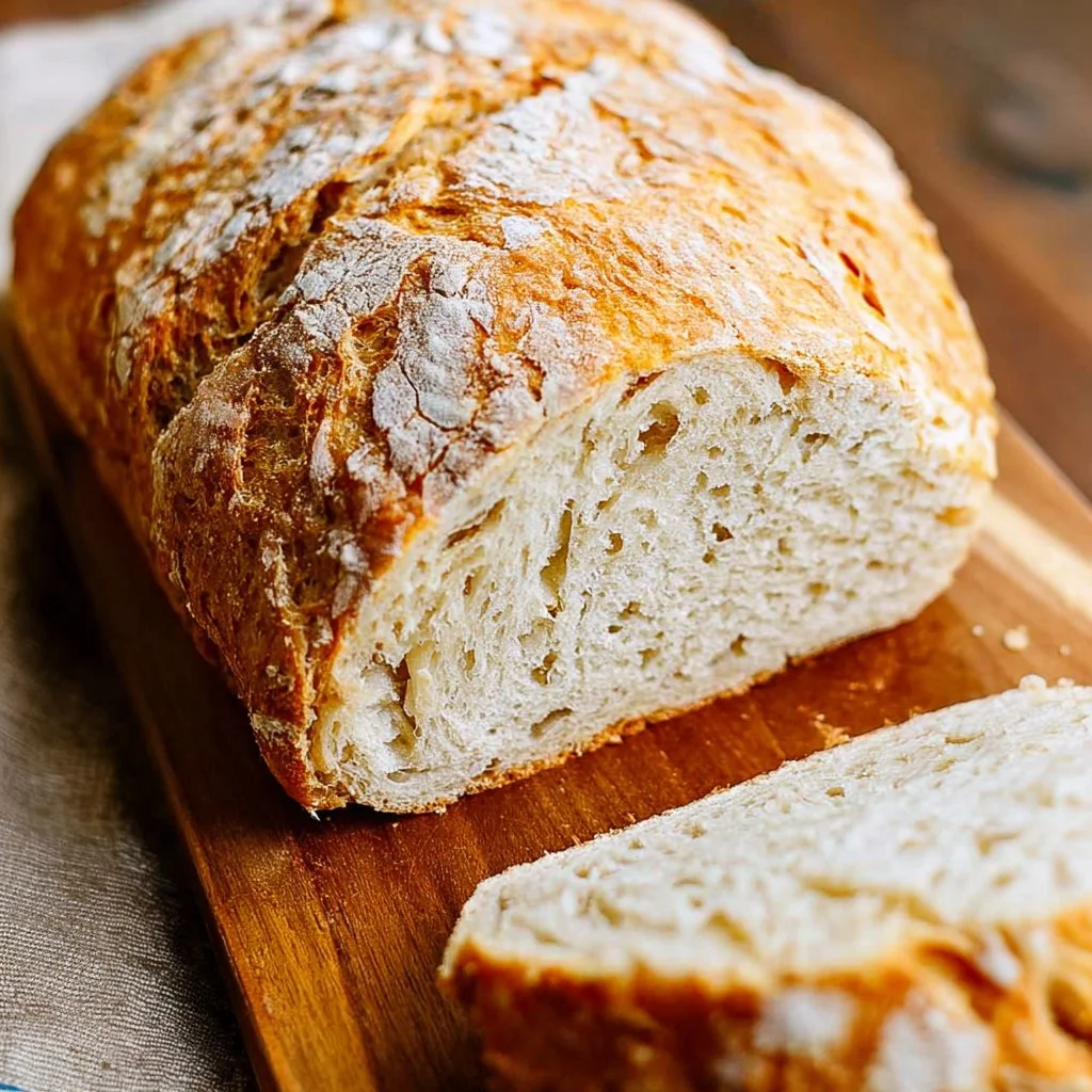 Freshly baked peasant bread with a crusty exterior and soft interior.