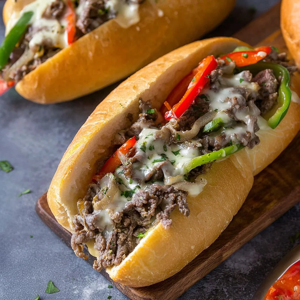Delicious Philly cheesesteak topped with grilled peppers and onions