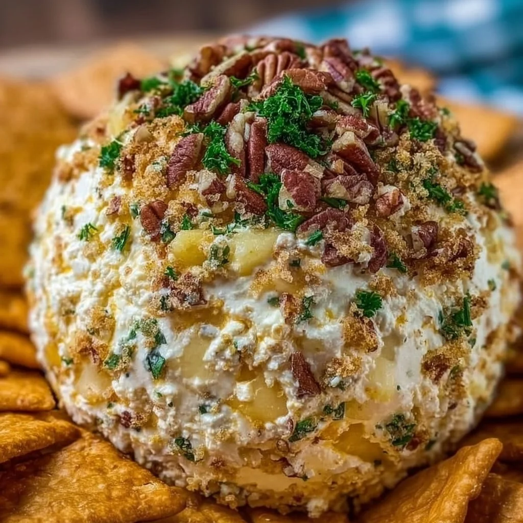 Delicious Pineapple Pecan Cheese Ball ready to be served.
