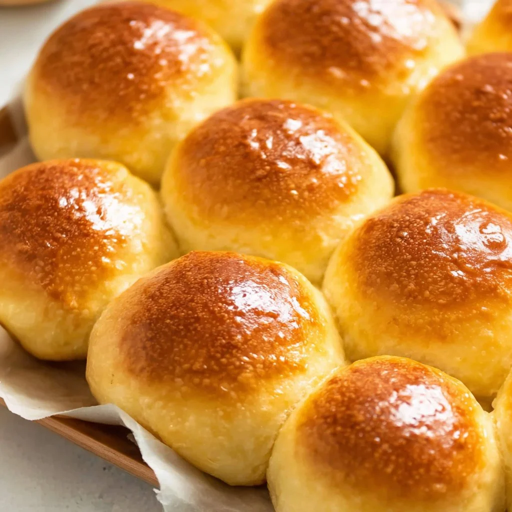 Freshly baked Potato Bread Rolls on a wooden table.