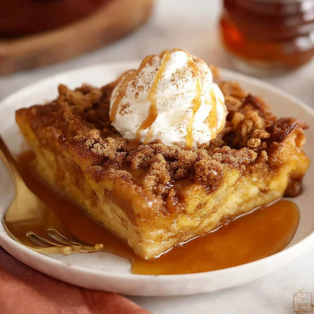 Delicious Pumpkin French Toast Casserole topped with syrup and whipped cream