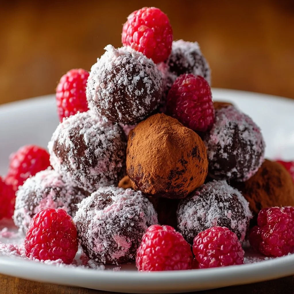 Delicious Raspberry Truffles topped with fresh raspberries and chocolate drizzle