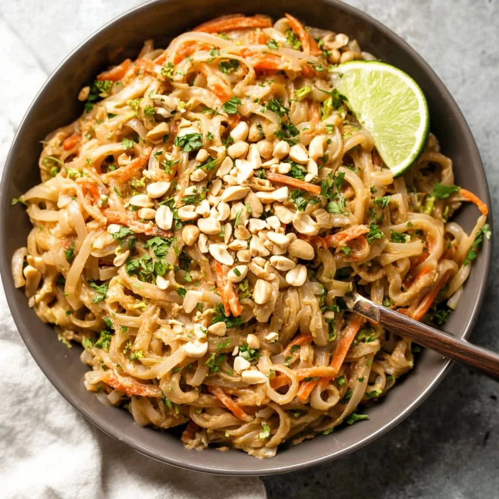 Plate of rice noodles with peanut sauce garnished with fresh vegetables
