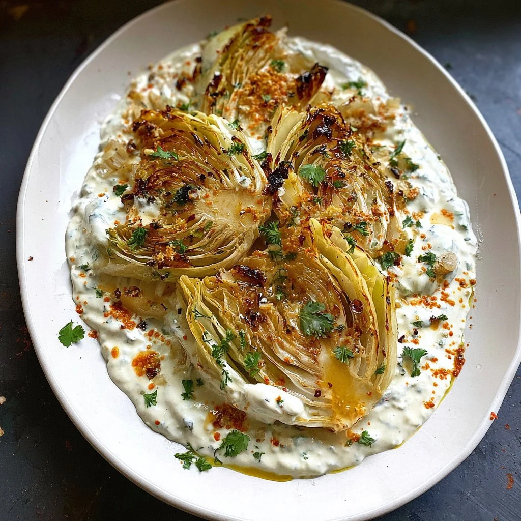 Plate of roasted cabbage wedges drizzled with yogurt sauce