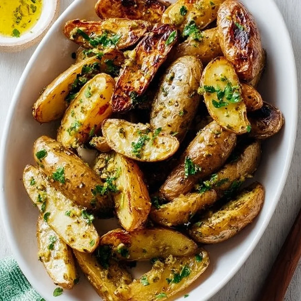 Bowl of crispy roasted fingerling potatoes garnished with herbs
