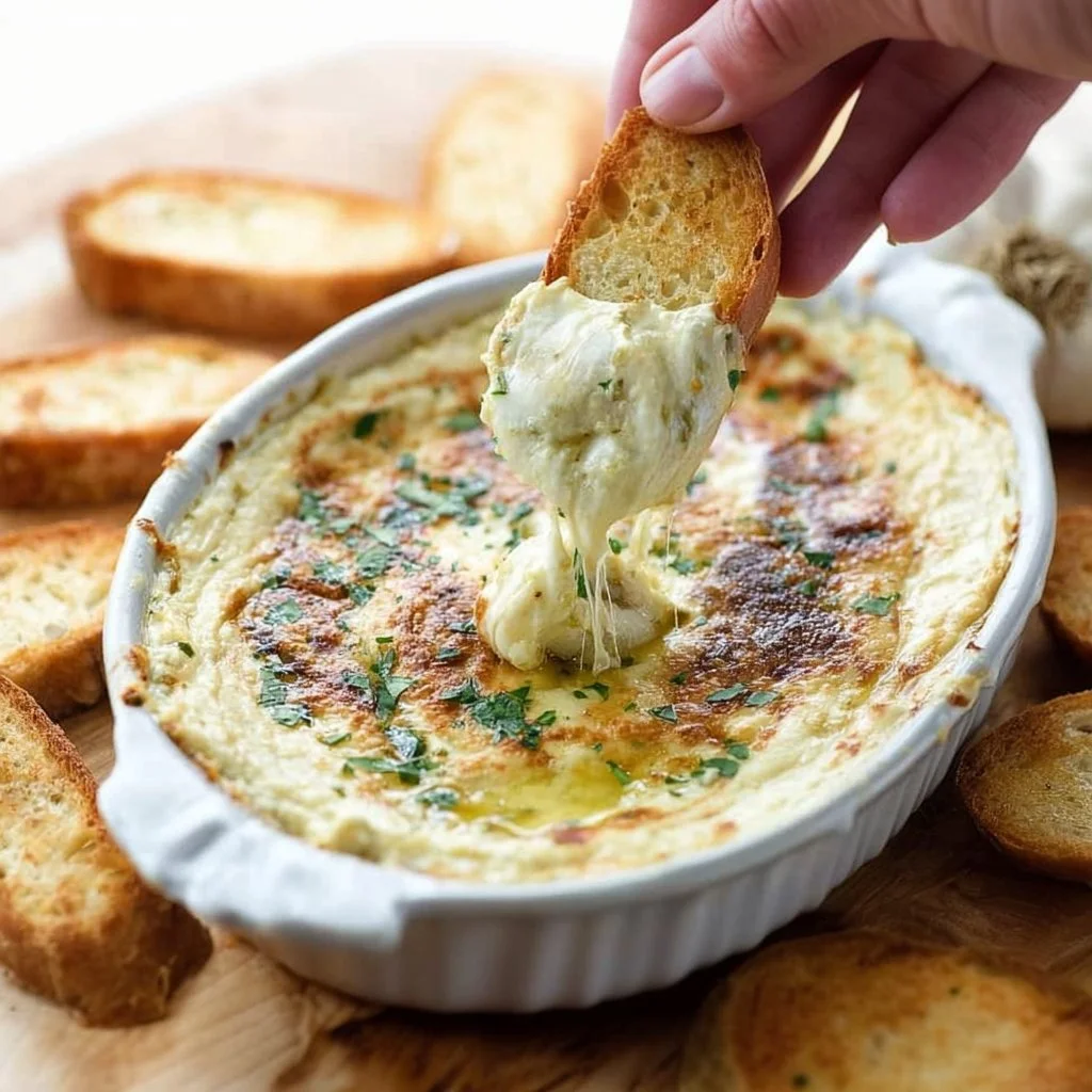 Creamy and flavorful Roasted Garlic Dip served with fresh vegetables and bread.
