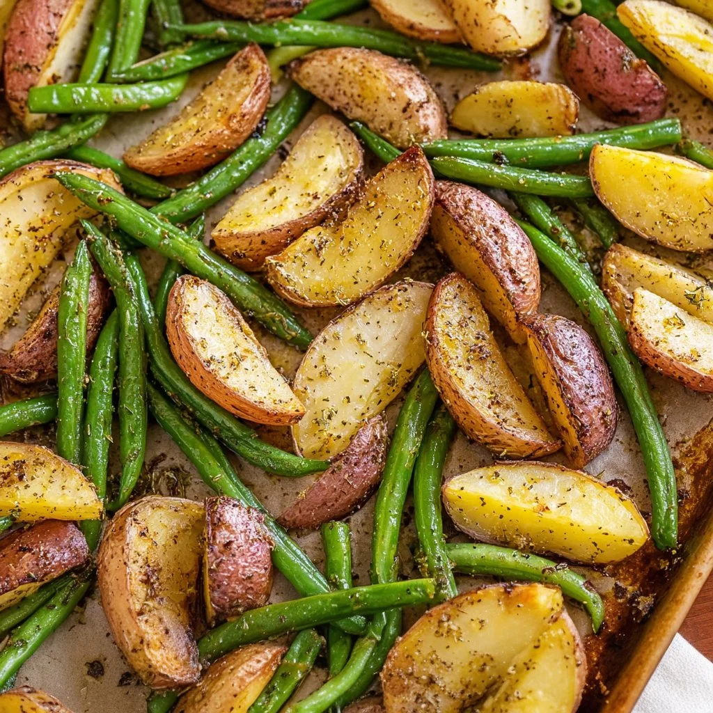 Delicious roasted potatoes and green beans served on a rustic table.