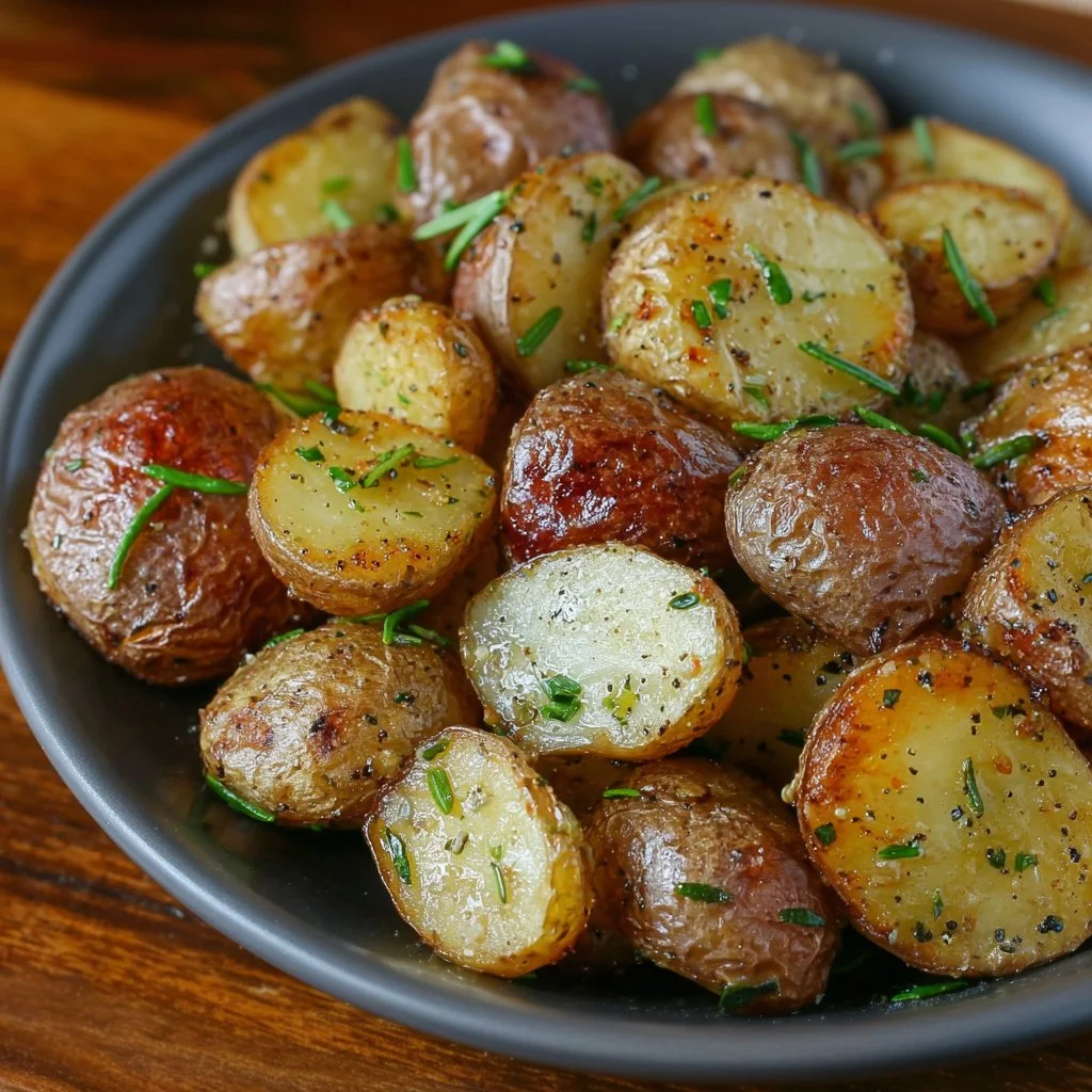 Crispy rosemary roasted potatoes garnished with fresh herbs