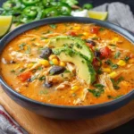 Creamy rotisserie chicken enchilada soup topped with cheese and cilantro