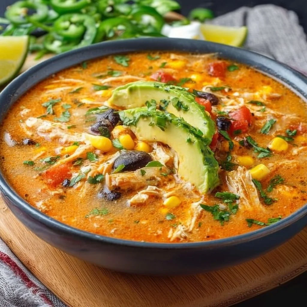 Creamy rotisserie chicken enchilada soup topped with cheese and cilantro