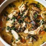 Bowl of delicious rotisserie chicken soup with vegetables and herbs