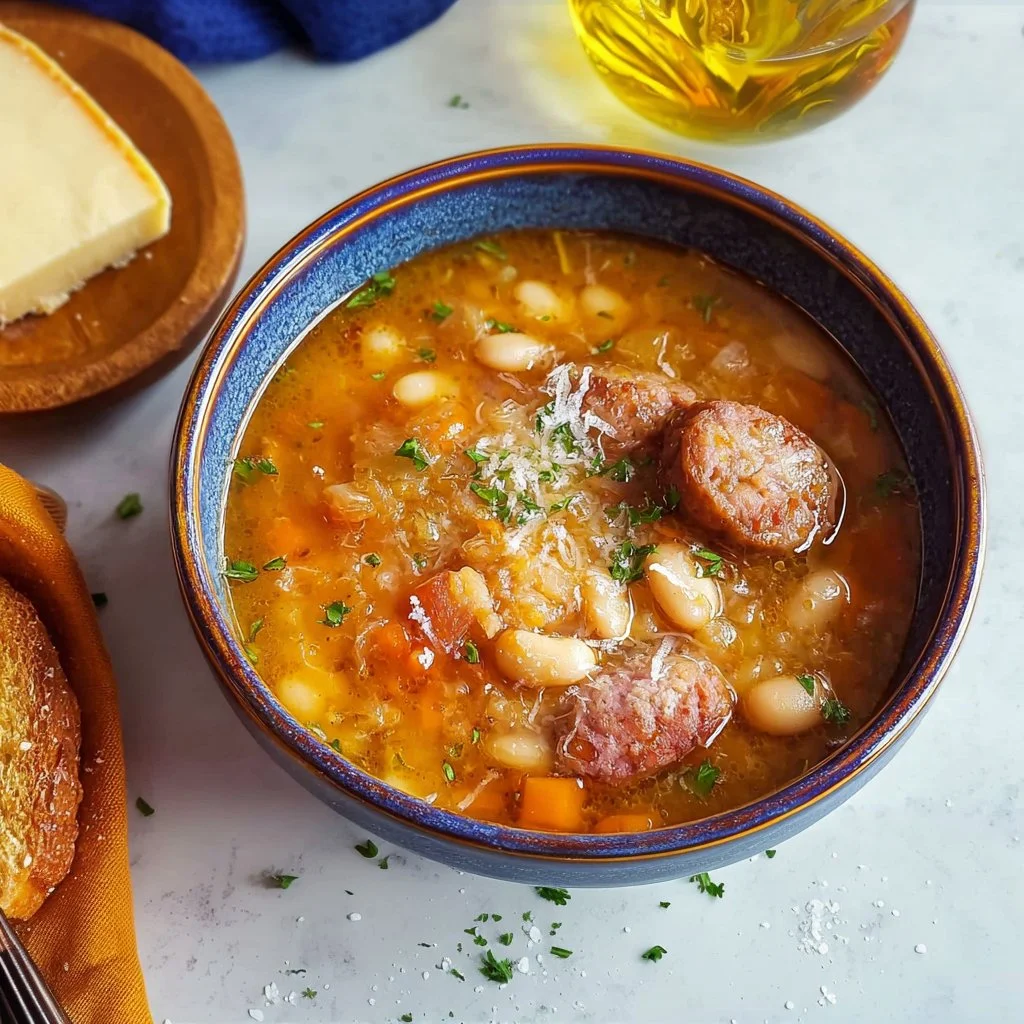 A delicious bowl of Sausage and Bean Soup with fresh herbs and spices.