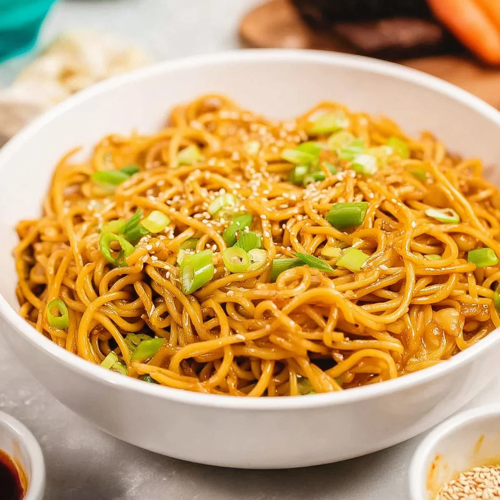 Delicious plate of hibachi noodles garnished with vegetables and sauces
