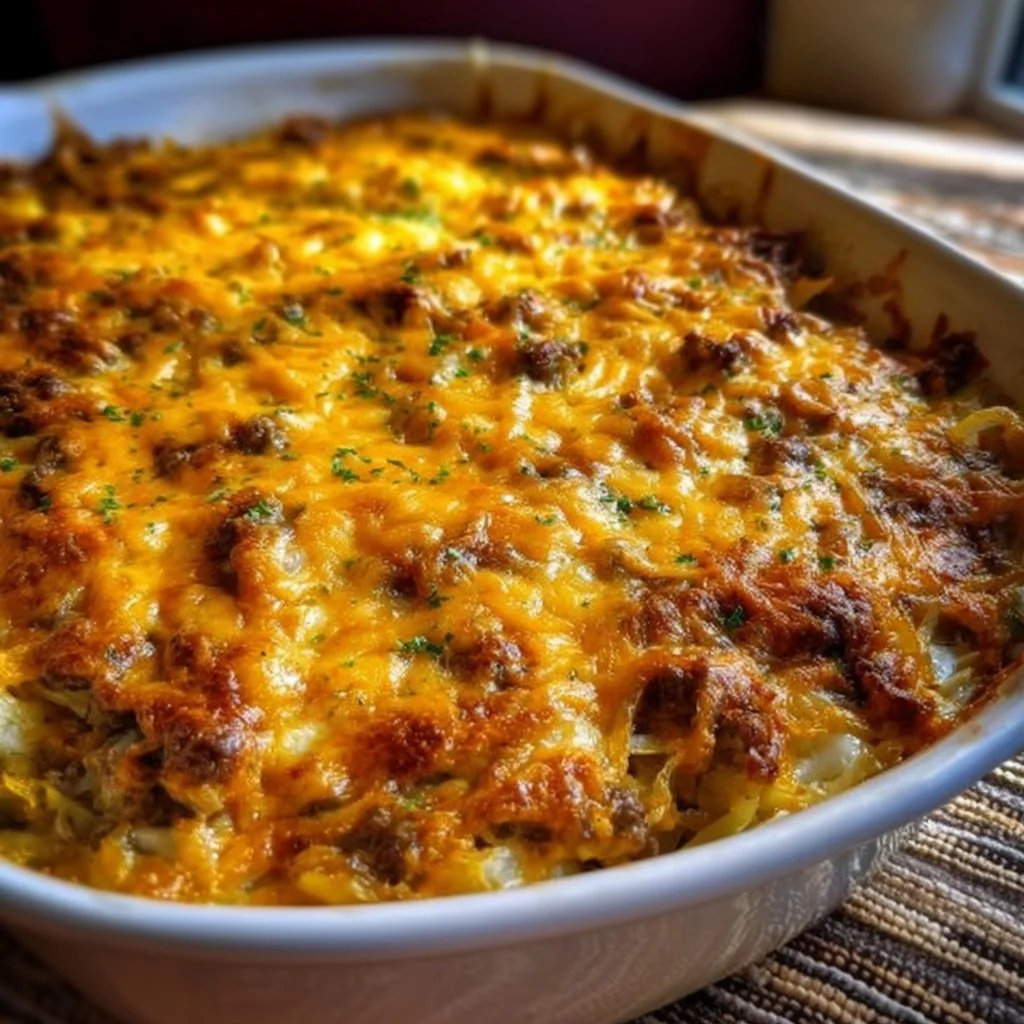 Savory creamed cabbage beef casserole served in a baking dish