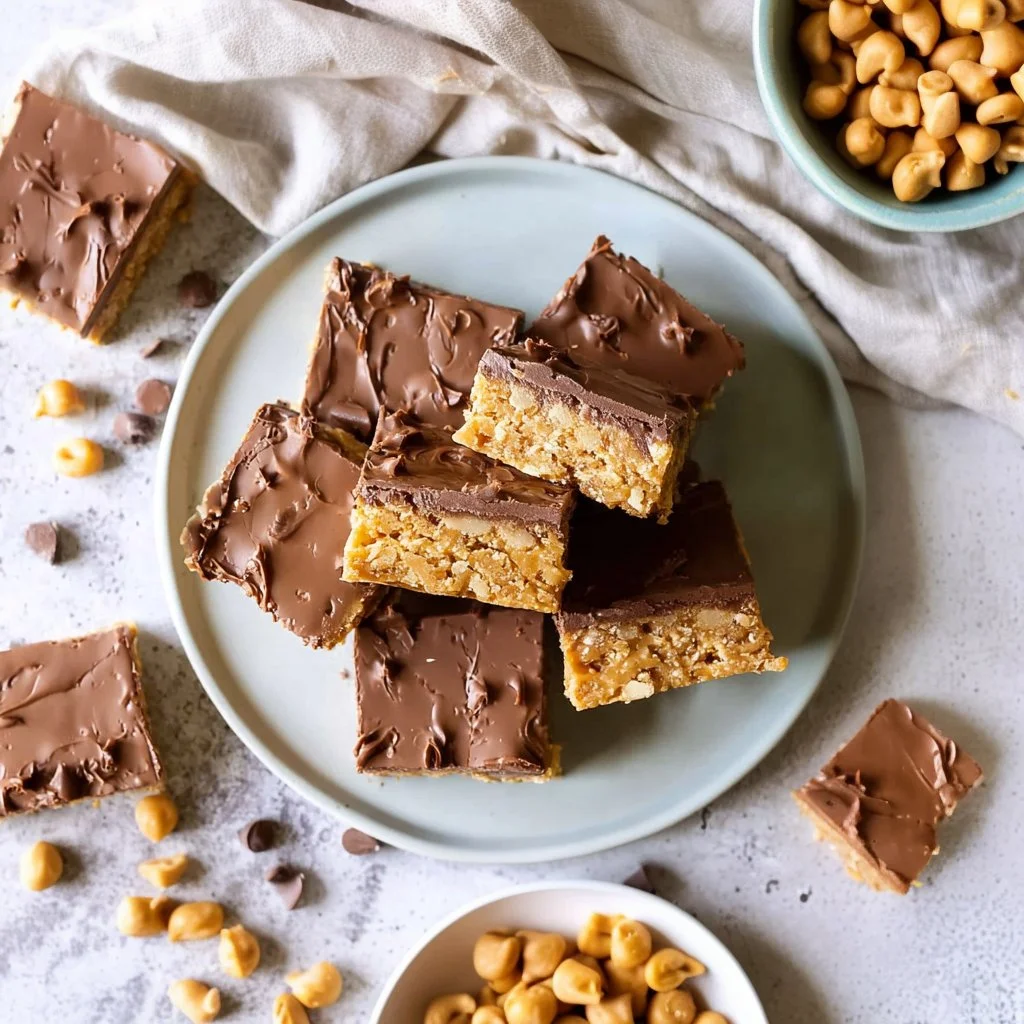 Delicious homemade Scotcheroos with peanut butter and chocolate topping.