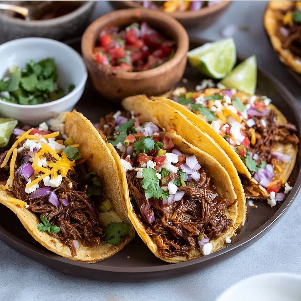 Delicious shredded beef tacos served with fresh toppings and spices.