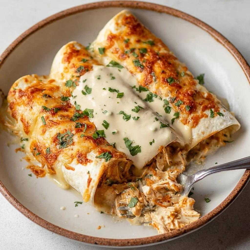 Shredded chicken enchiladas with cheesy sour cream sauce on a plate