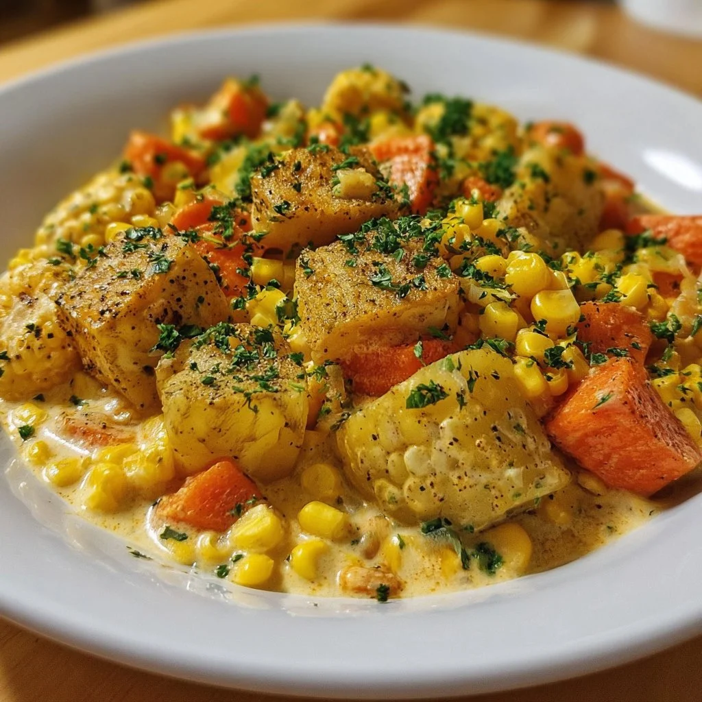 Creamy slow cooker corn, potatoes, and carrots dish ready to serve.