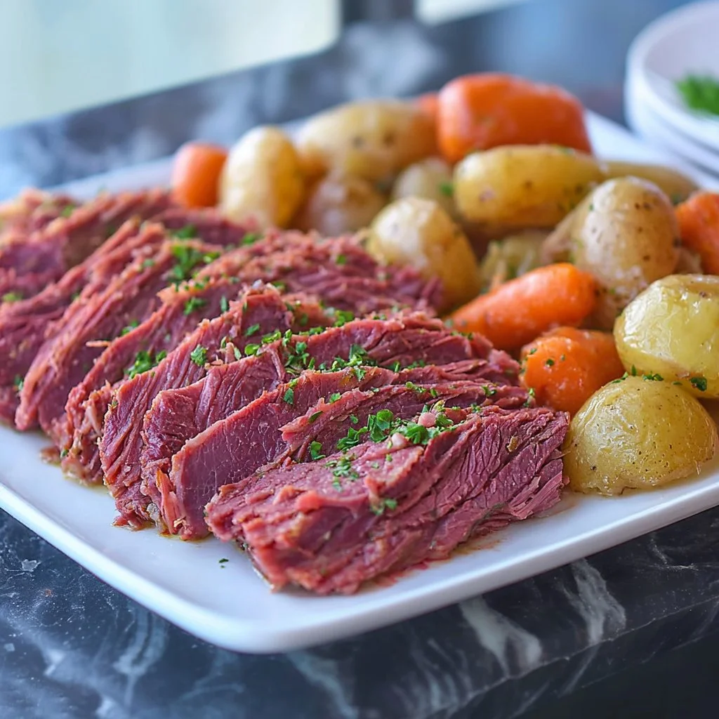 Delicious slow cooker corned beef served with vegetables
